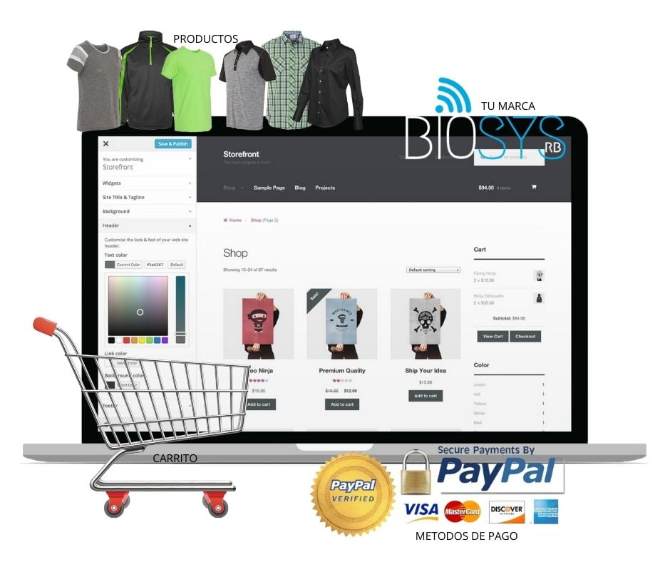 Creamos tu Ecommerce con tu marca, agregamos tus productos, configuramos el carrito de compras e incorporamos metodos de pagos automatizados